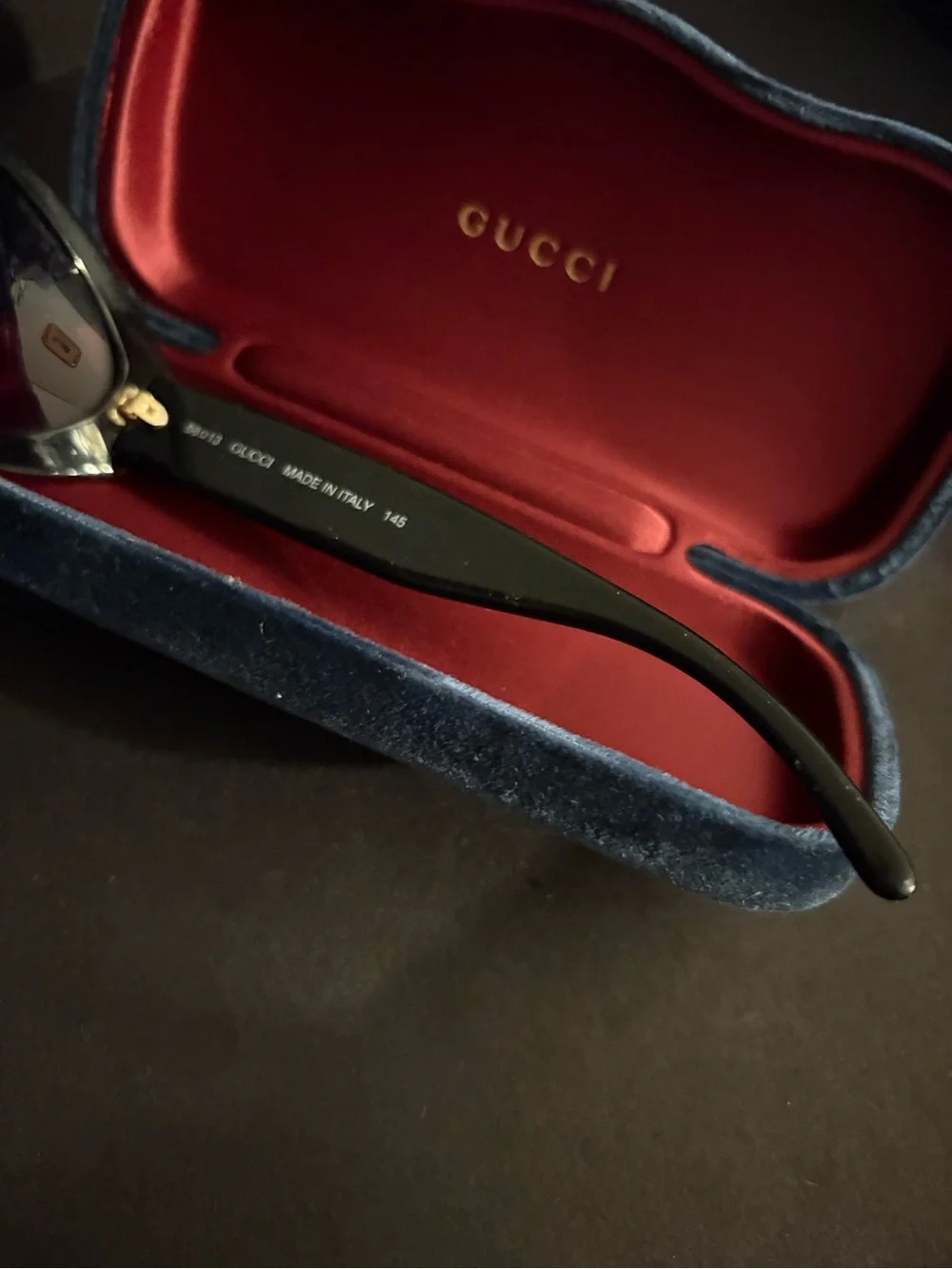 Gucci Black Cat-Eye Sunglasses with Pink Velvet Case and Blue Trim
